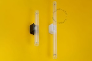 Black porcelain lamp holder with fluorescent lamp, transparent ribbed glass - Zangra