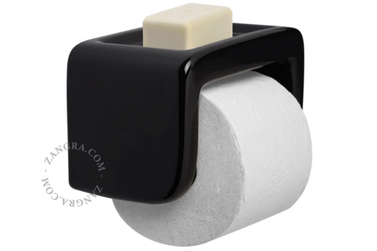 porcelanowy uchwyt na papier toaletowy z mydelniczką - czarny- Zangra