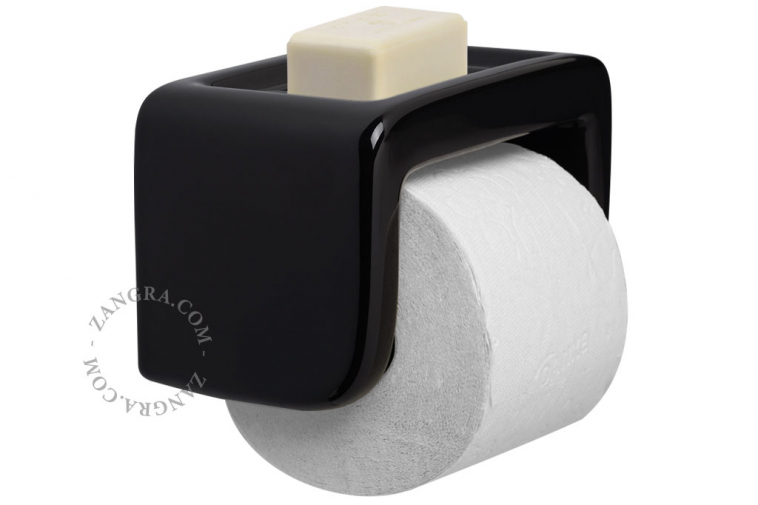 porcelanowy uchwyt na papier toaletowy z mydelniczką - czarny- Zangra