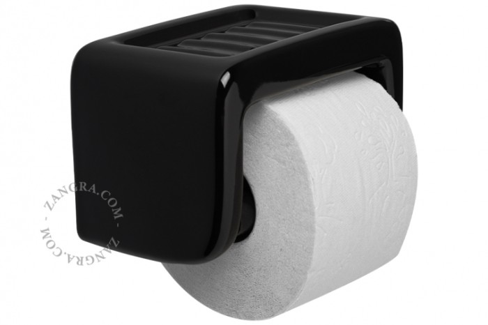 porcelanowy uchwyt na papier toaletowy z mydelniczką - czarny- Zangra