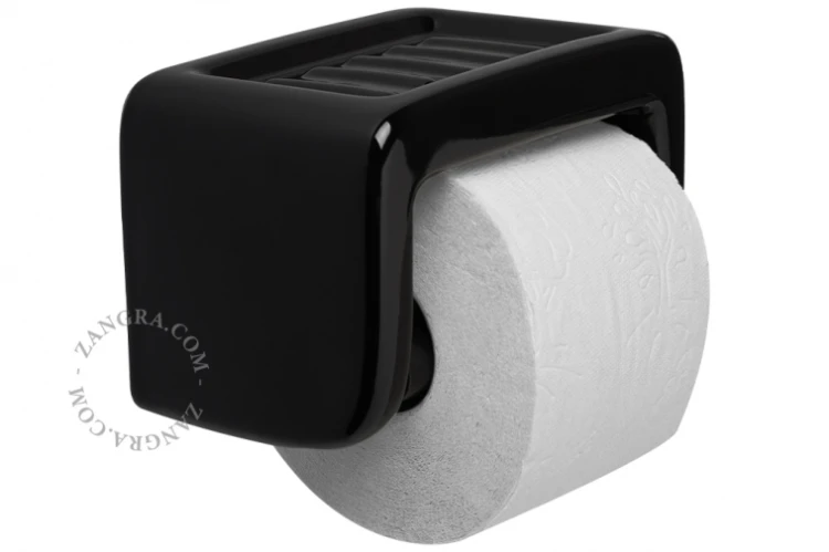 porcelanowy uchwyt na papier toaletowy z mydelniczką - czarny- Zangra
