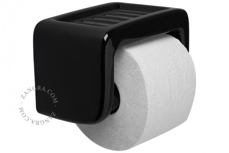 porcelanowy uchwyt na papier toaletowy z mydelniczką - czarny- Zangra